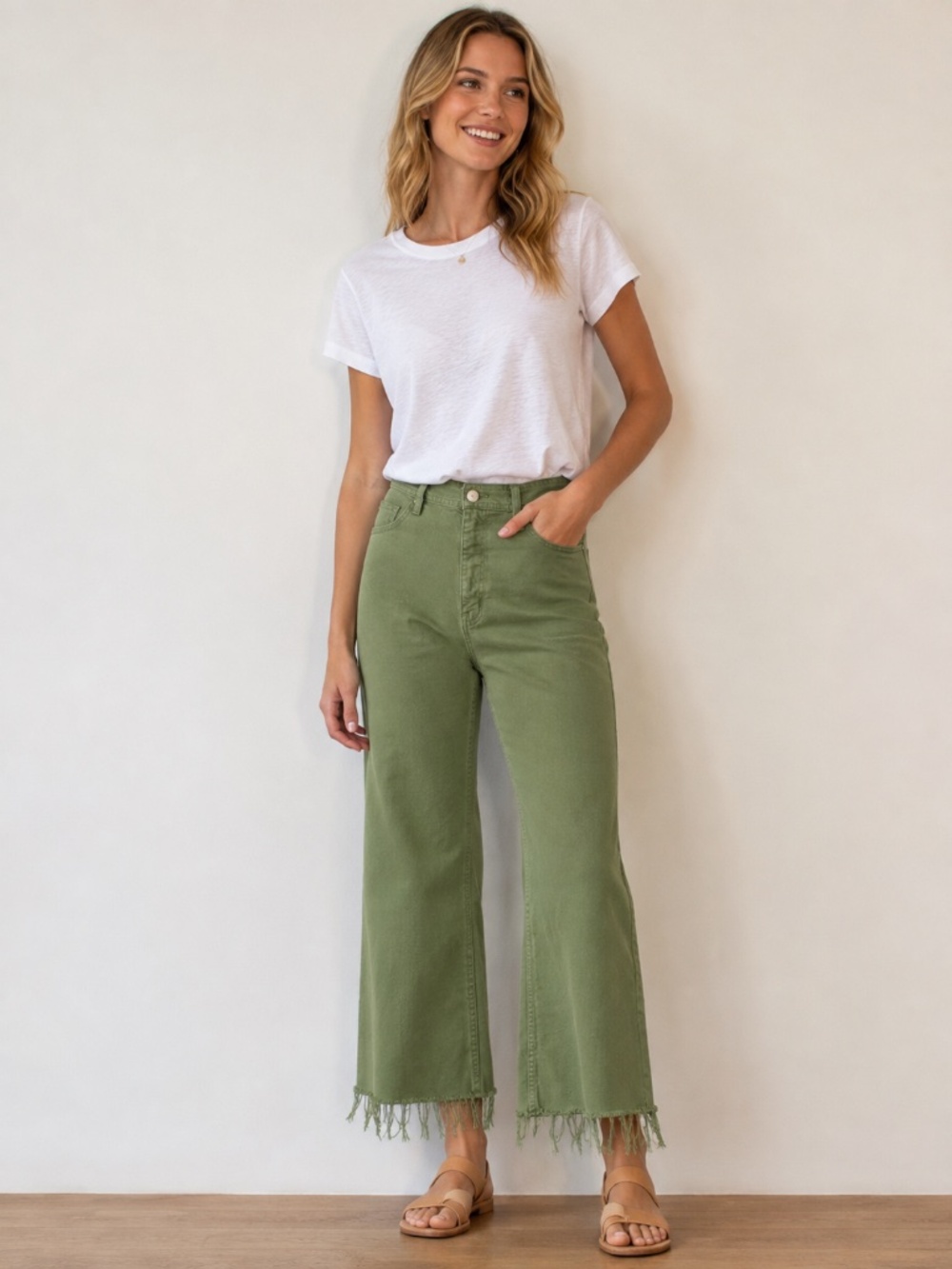 Anthropologie Pistola green denim 25 stretch cropped high waist wide leg preppy